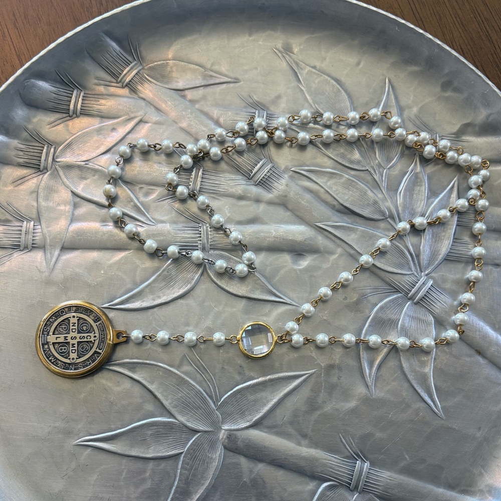 Long Saint Benedict Medallion and Pearl Necklace - Picture 4 of 5